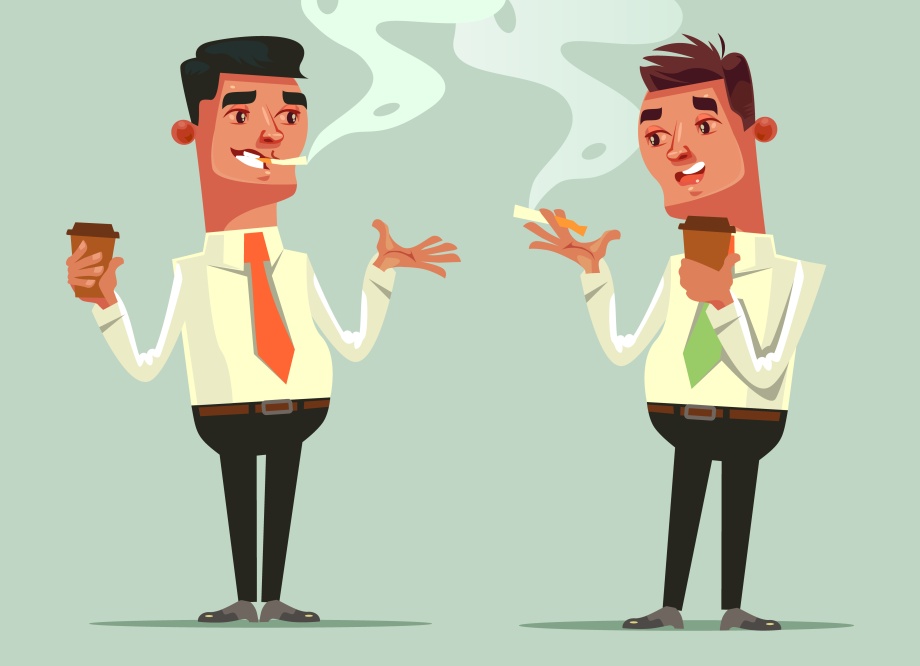 working men smoking during cigarette break at office with coffee