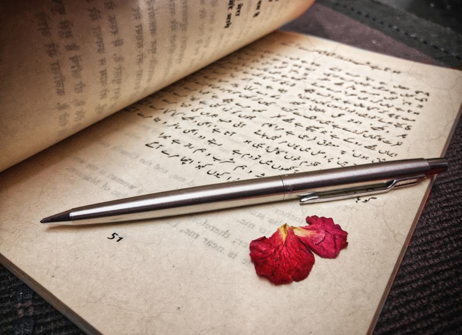 urdu language in book with pen and rose petal